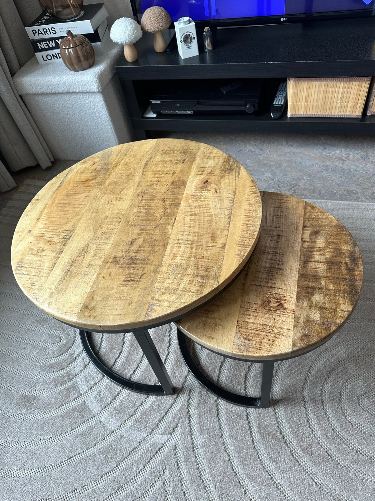 Set van 2 ronde salontafels - Mangohout en metaal, Ophalen, 50 – 75, Minder dan 50 cm, Rond