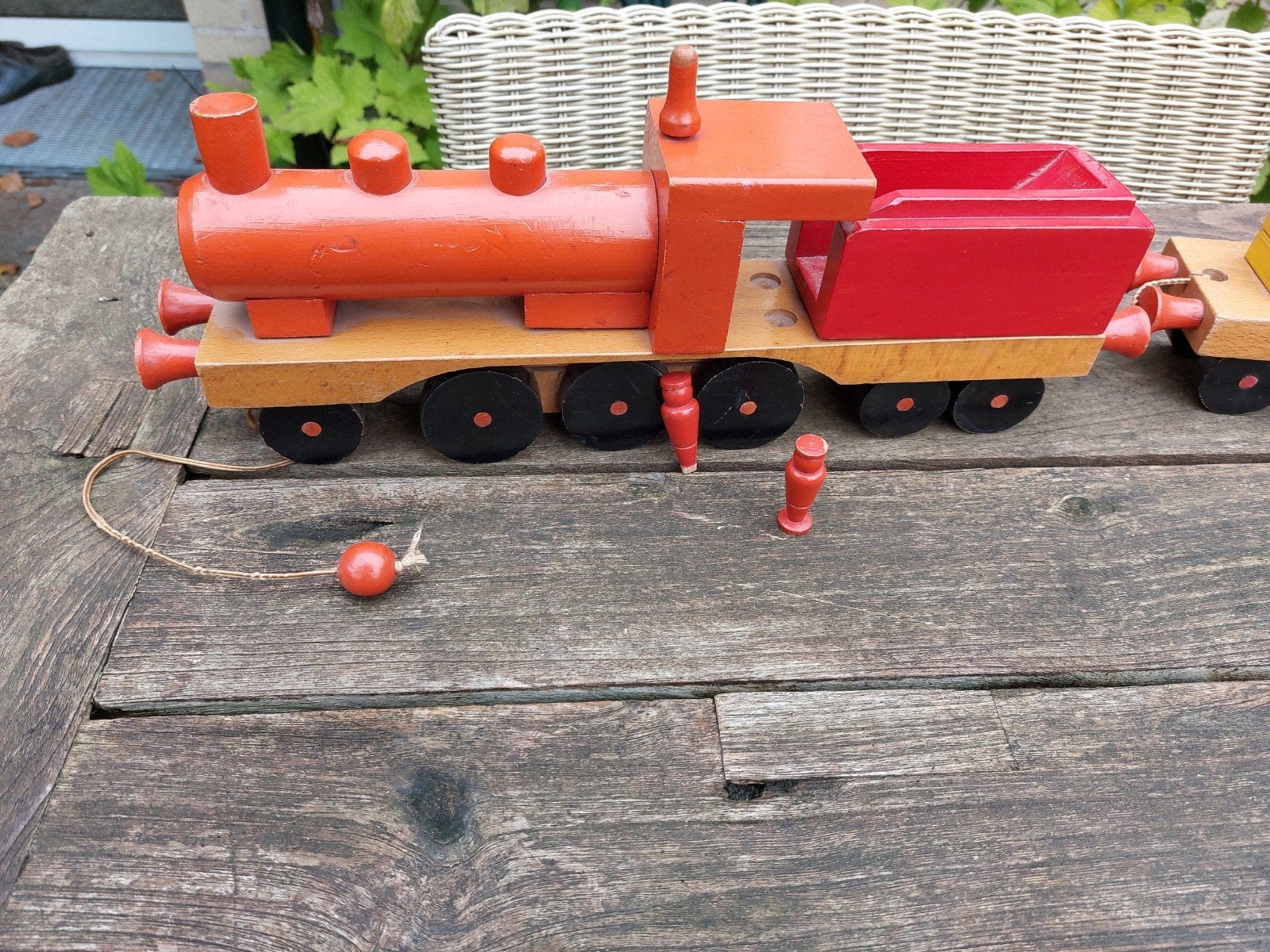 Vintage houten trein met wagons en bouwblokken, Ophalen of Verzenden