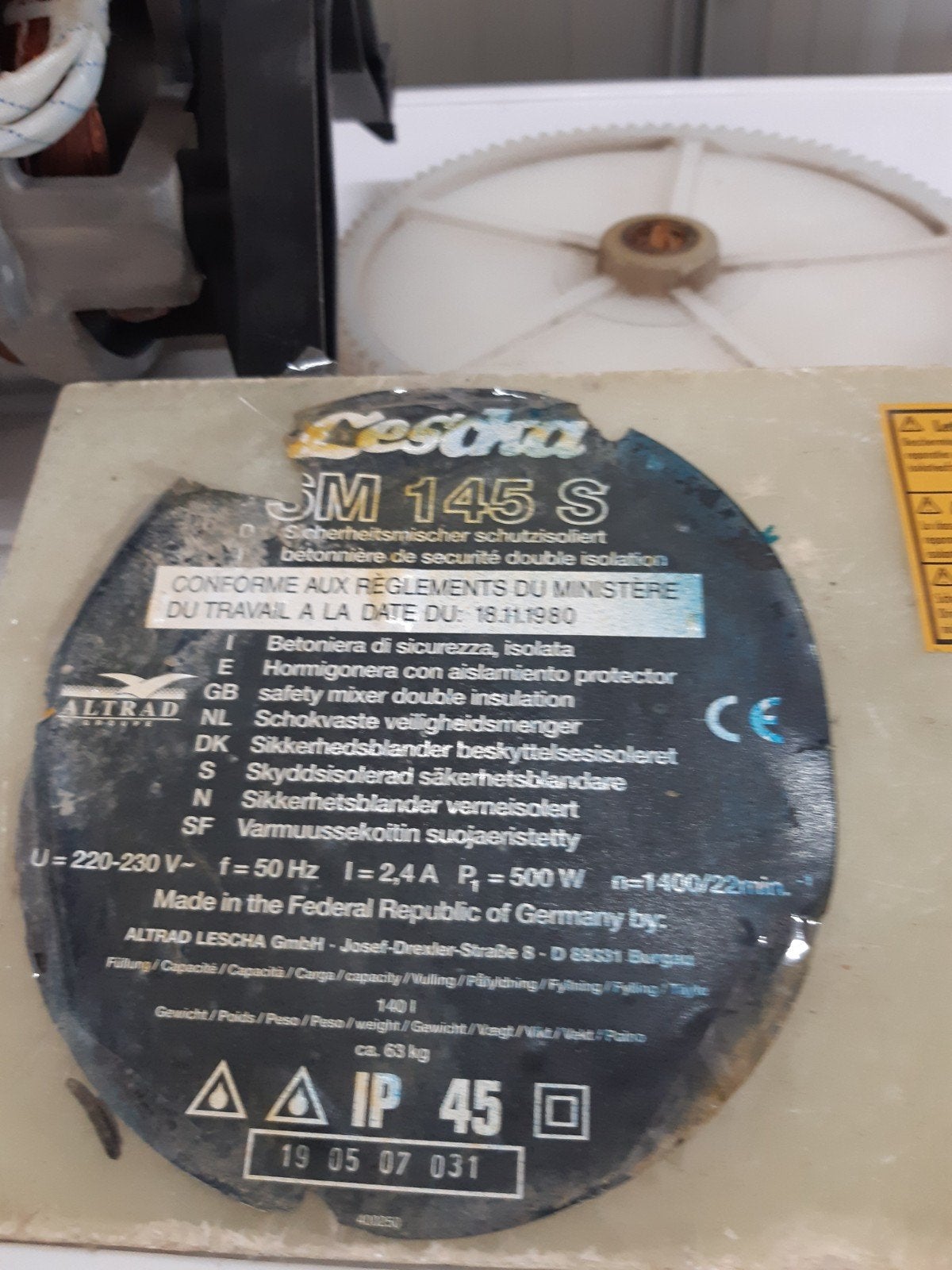 Motor en schakelaar van Lescha SM 145 S betonmolen, Ophalen of Verzenden, Gebruikt