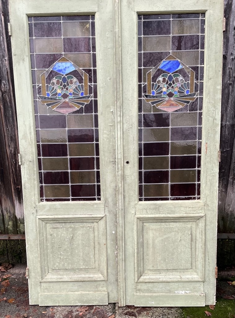 2 antieke deuren + bovenraam, glas in lood in Art-Deco stijl, Ophalen, 200 tot 215 cm, Glas, Buitendeur
