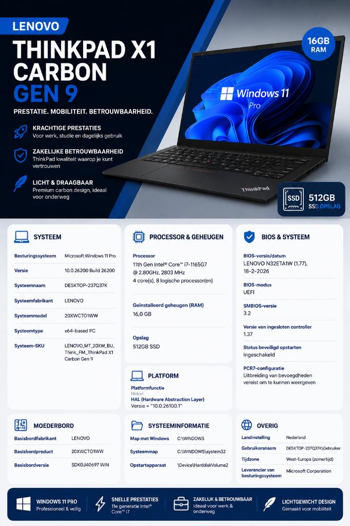 Te Koop: Lenovo ThinkPad X1 Carbon Gen 9, Computers en Software, Ophalen, Qwerty, Intel® Core™ i7 , 512 GB