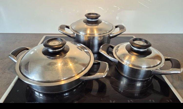 Amc-pannenset – 3 pannen met deksel – geschikt voor inductie, Ophalen of Verzenden, Rvs, Pannenset