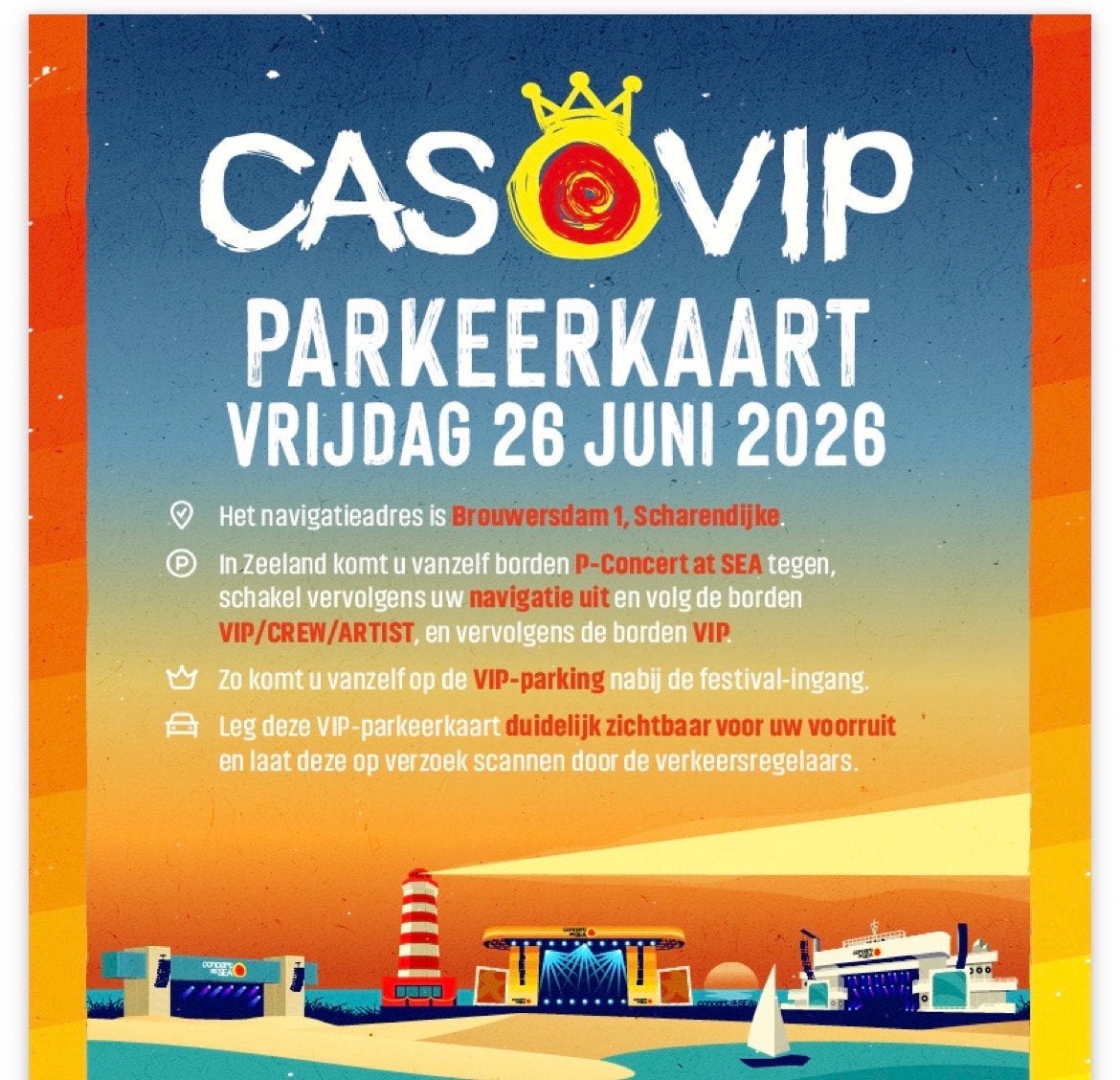 VIP parkeerkaart concert at sea 26-6 (2x), Tickets en Kaartjes, Evenementen en Festivals, Twee personen