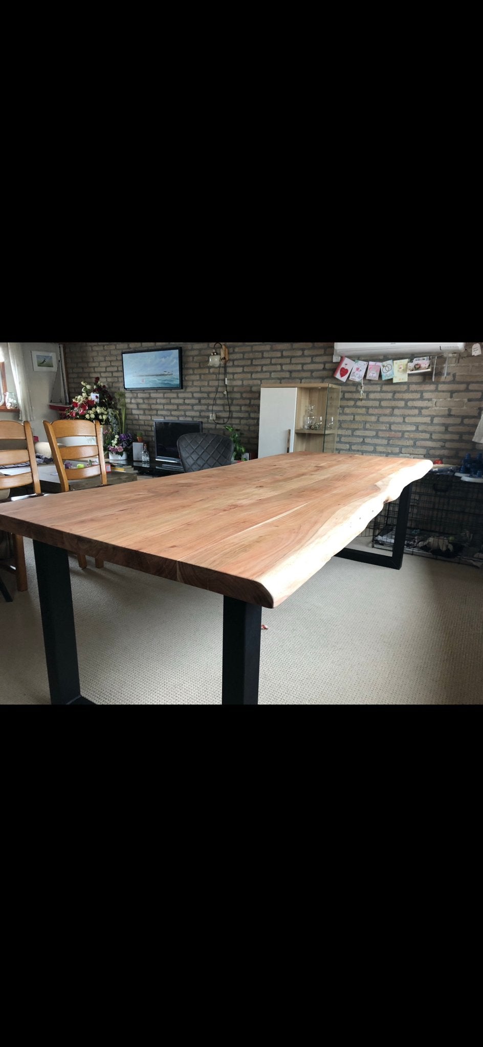 Boomstamtafel met zwart metalen U-poot (240x100cm), Ophalen, 100 tot 150 cm, 200 cm of meer, Zo goed als nieuw