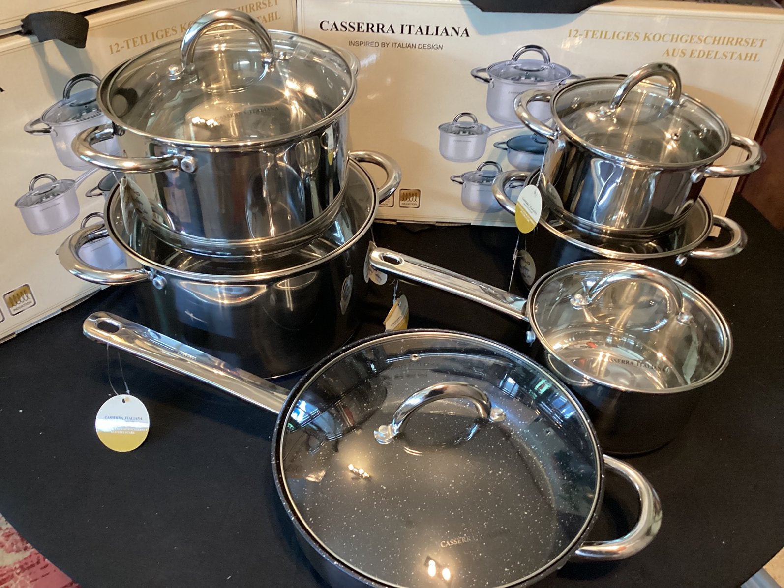 Casserra italana luxe pannen set 12 delig inductie en gas, Ophalen of Verzenden, Nieuw, Rvs, Pannenset