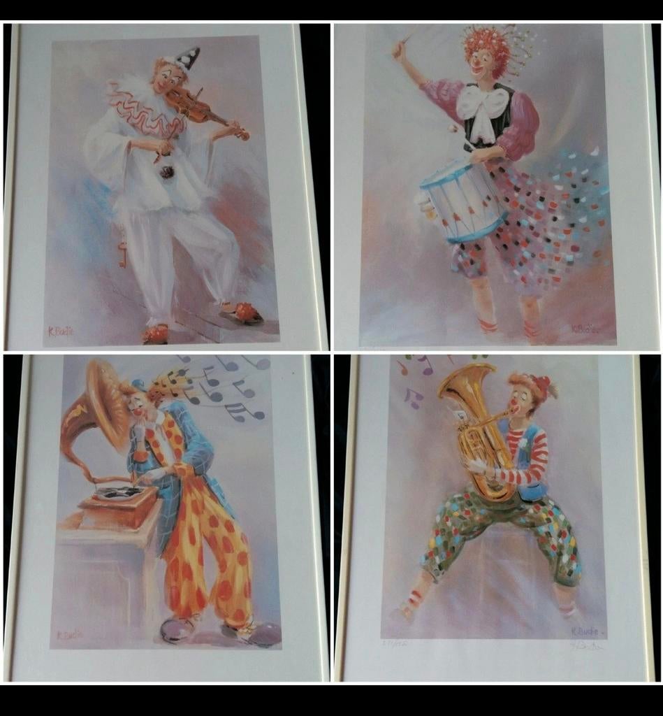 4 vrolijke schilderijtjes met muzikale clown, Antiek en Kunst, Ophalen of Verzenden