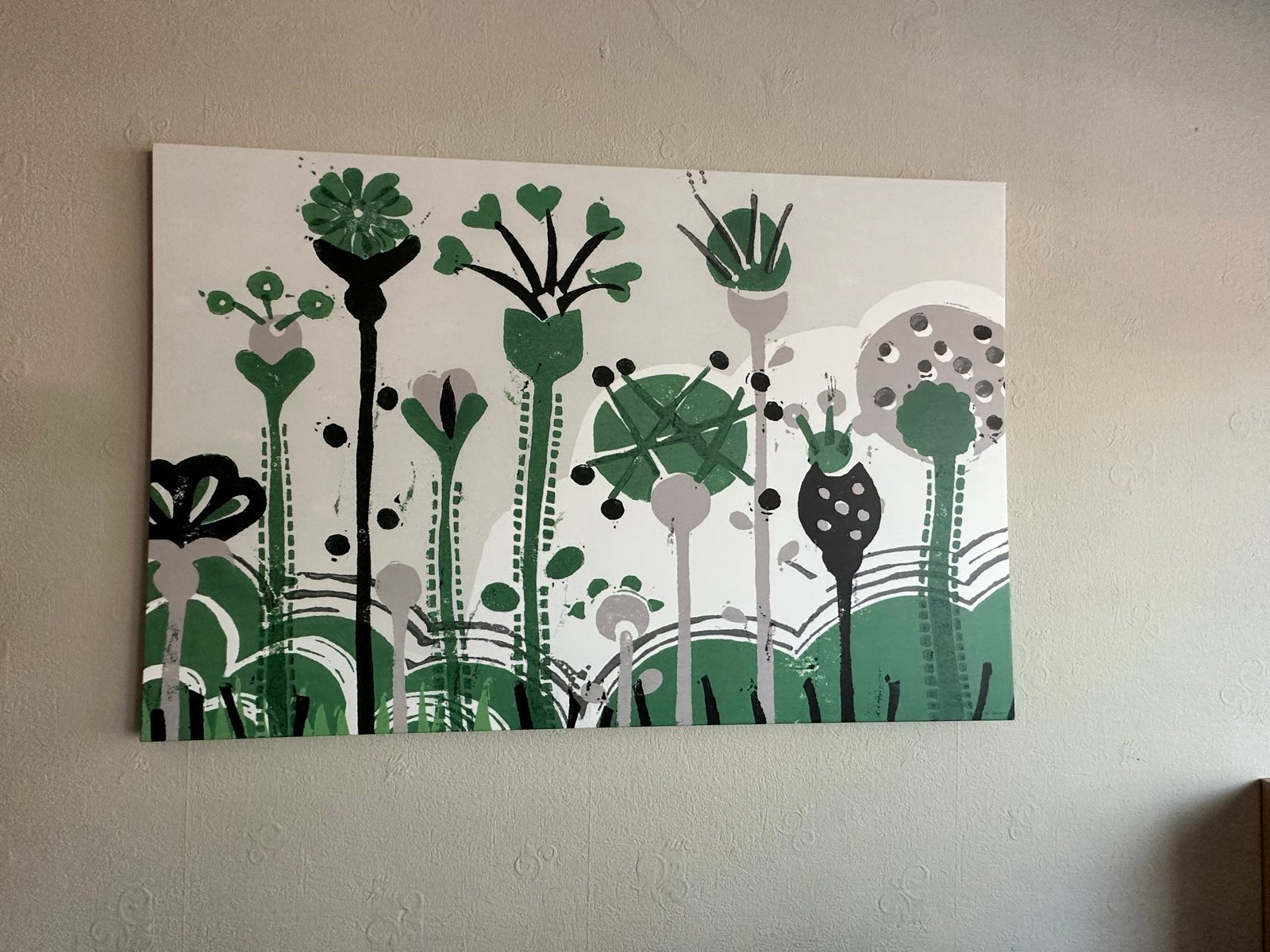 Modern schilderij met abstracte bloemen in groen/grijs, Ophalen, Acrylverf, Op houten frame, Bloemen