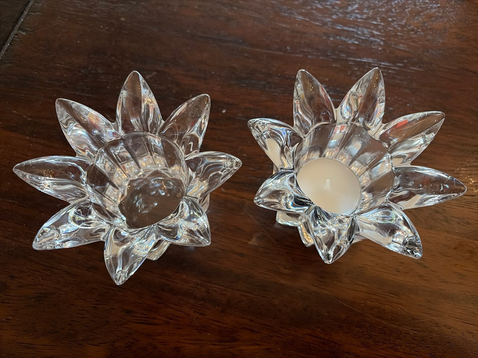 Set van 2 glazen waxinelichthouders - Bloemvormig, Ophalen of Verzenden, Zo goed als nieuw, Glas, Waxinelichthouder