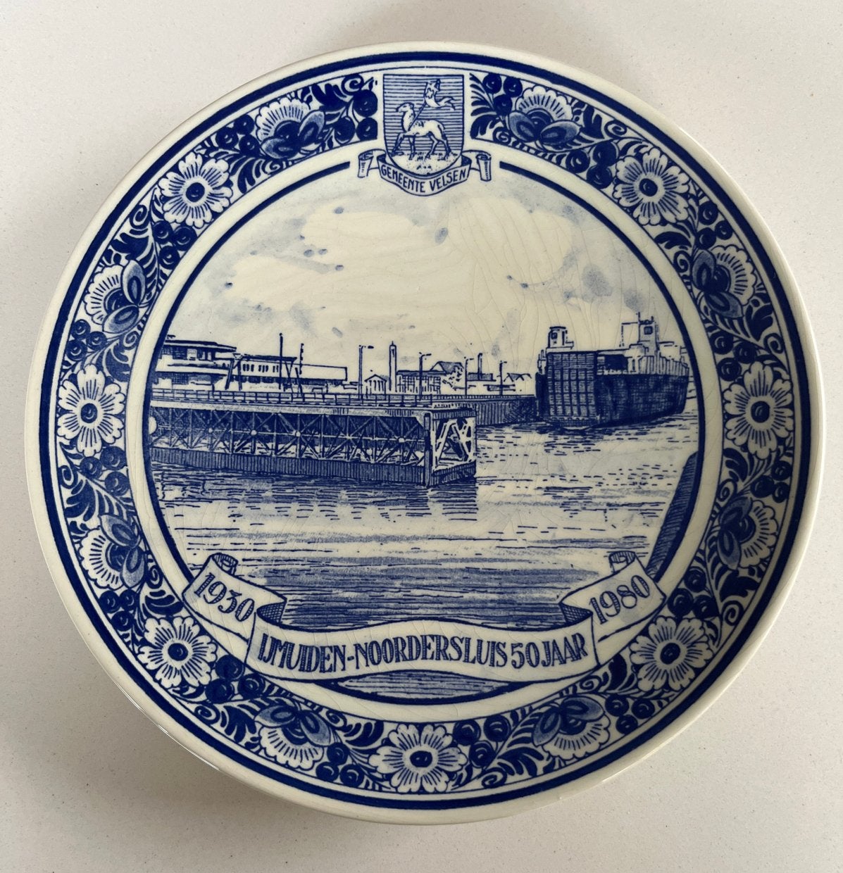 Delfts Holland Herdenkingsbord IJmuiden-Noordersluis 50 jaar, Antiek en Kunst, Ophalen of Verzenden