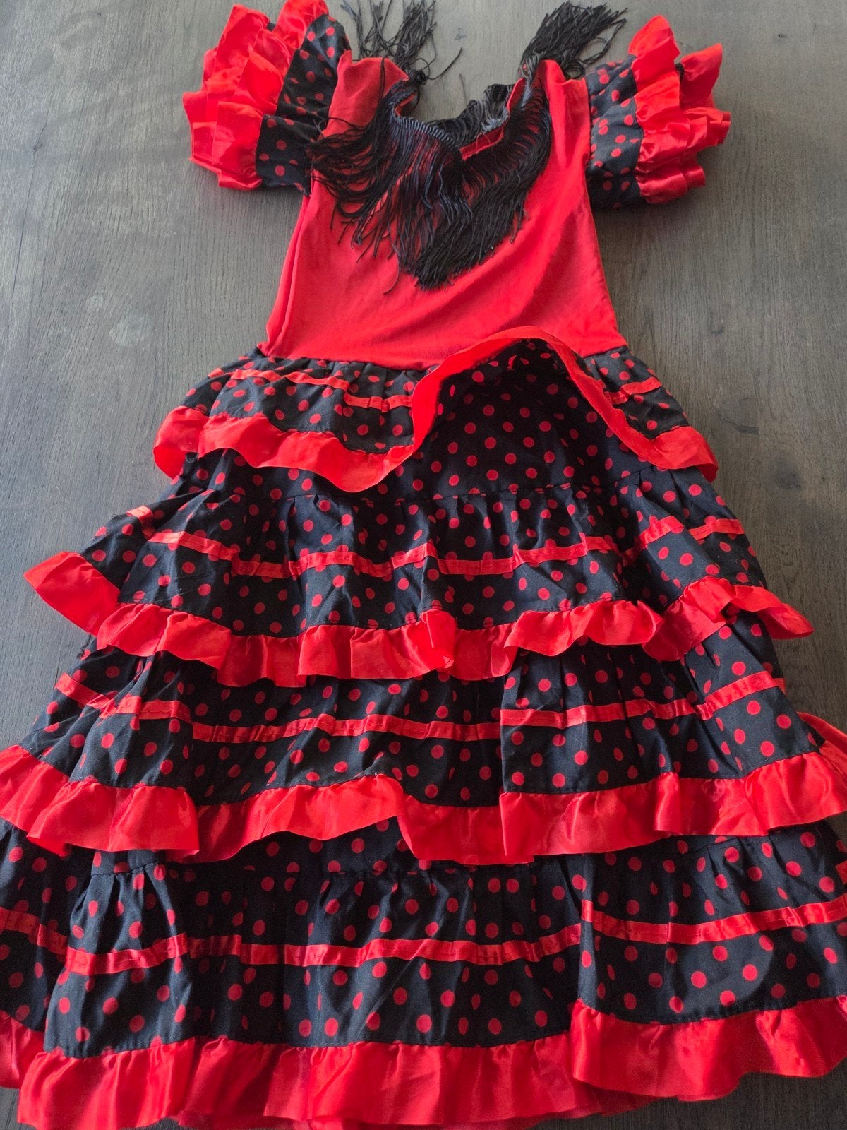 Flamenco jurk rood/zwart met stippen en ruches, Ophalen of Verzenden, Zo goed als nieuw, Carnaval
