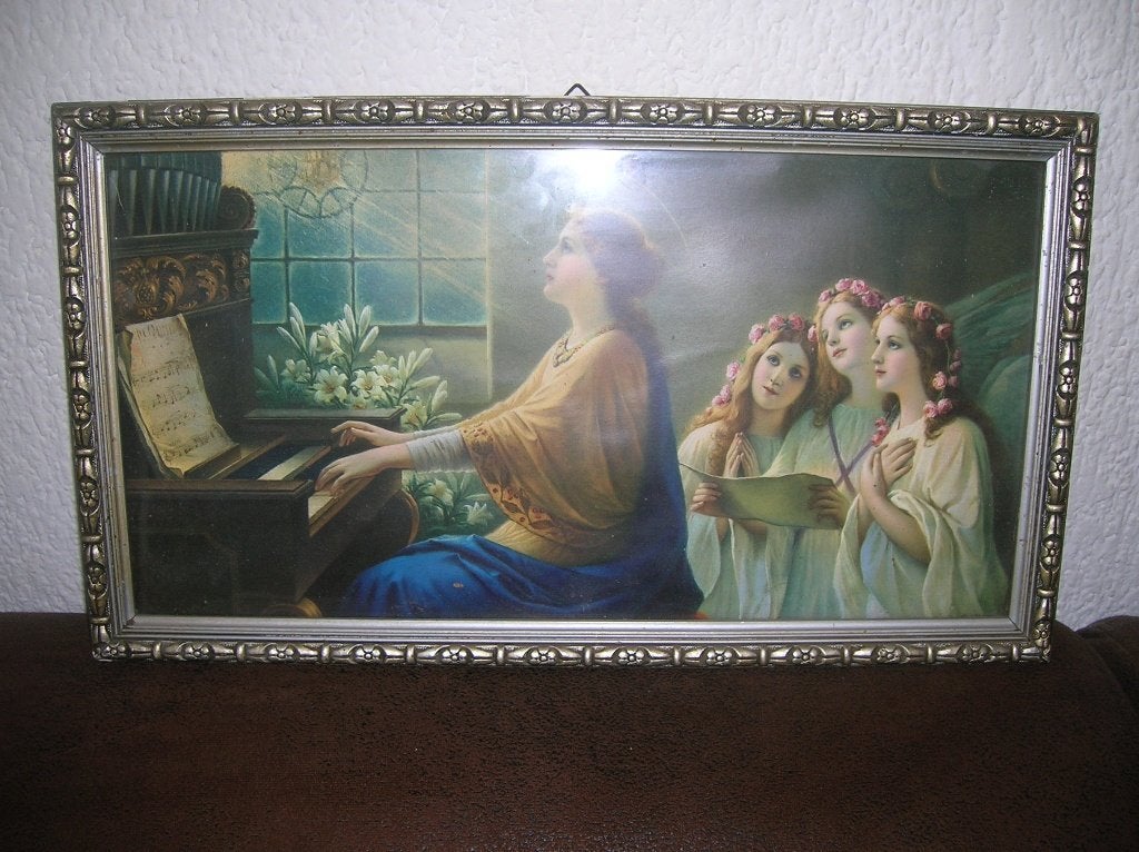 oude lijst met lieve religieuze prent met glasplaat 41x23,5, Ophalen of Verzenden