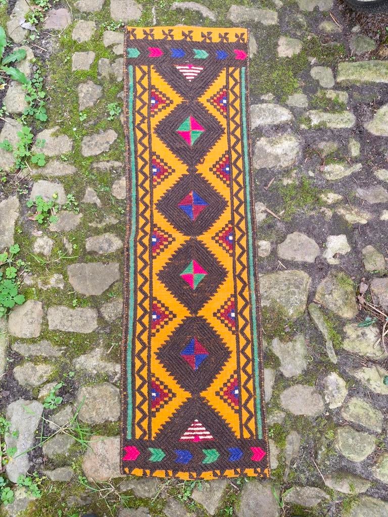 Handgeweven wollen kelim met geometrische rosetten, Minder dan 50 cm, 100 tot 150 cm, Ophalen of Verzenden, Bruin