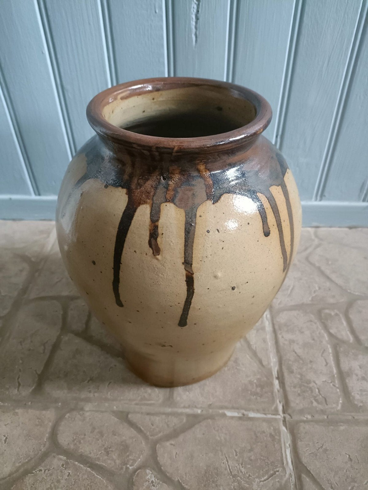 Vintage Franse aardewerken pot met uniek glazuurpatroon, Ophalen of Verzenden