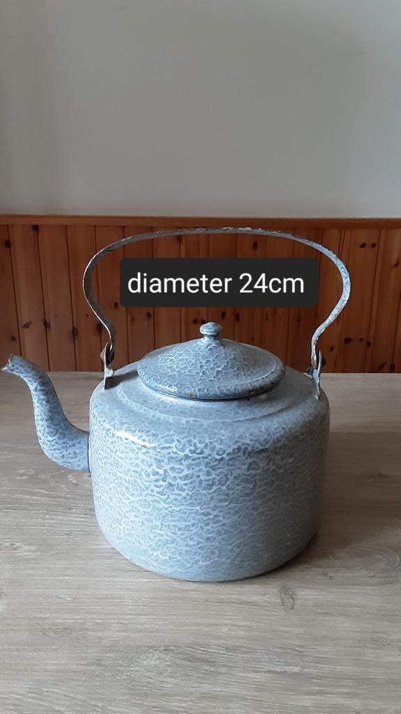 EMAILLE GRIJSGEWOLKTE WATERKETEL., Antiek en Kunst, Antiek | Emaille, Ophalen of Verzenden