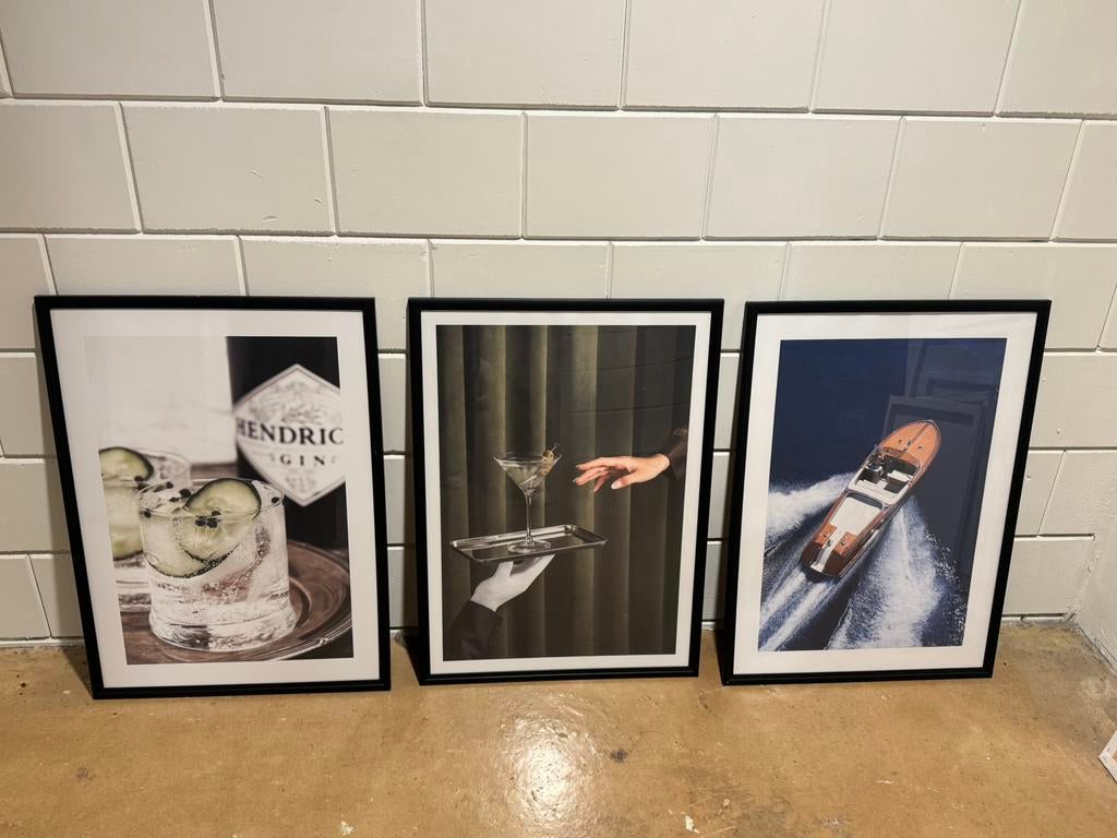 Set van 3 ingelijste prints: Gin, Martini, Speedboot, Minder dan 50 cm, 50 tot 75 cm, Ophalen of Verzenden, Print