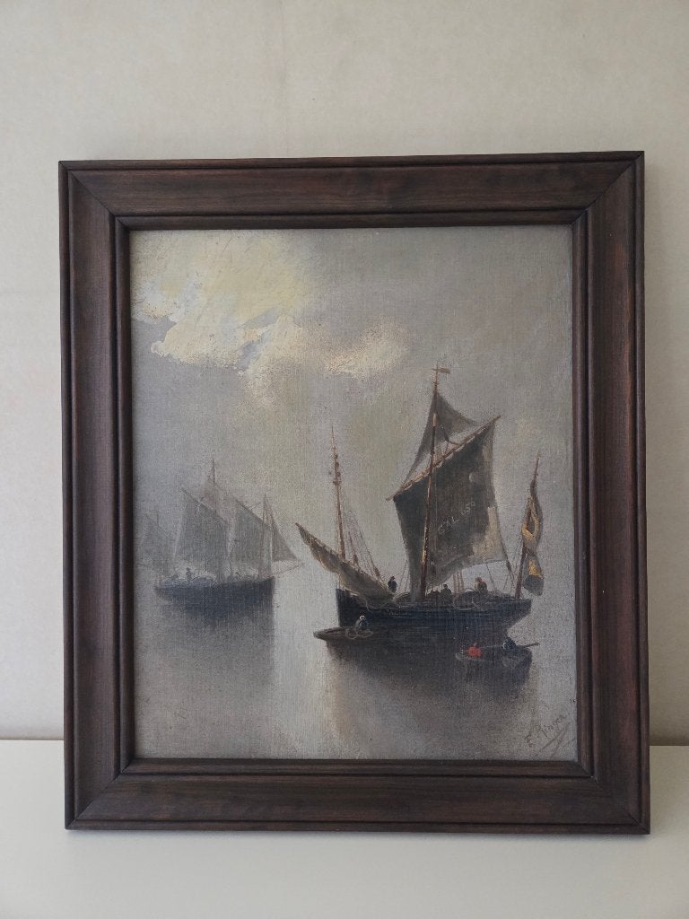 Schilderijtje met oude zeilboten, Ophalen, Maritiem / water, Doek, Oud hollands