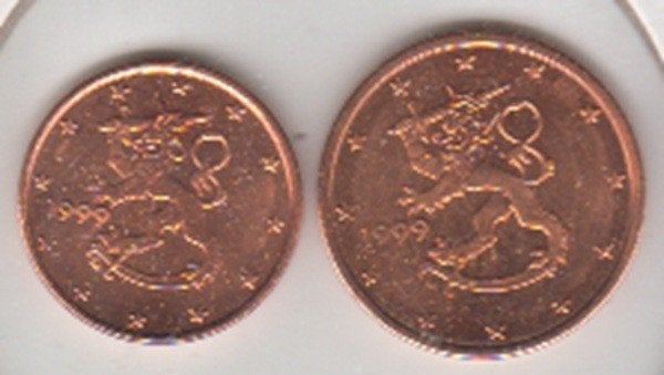 Finland 1 en 2 eurocent 1999 beide UNC, Ophalen of Verzenden, Finland, Overige waardes, Setje