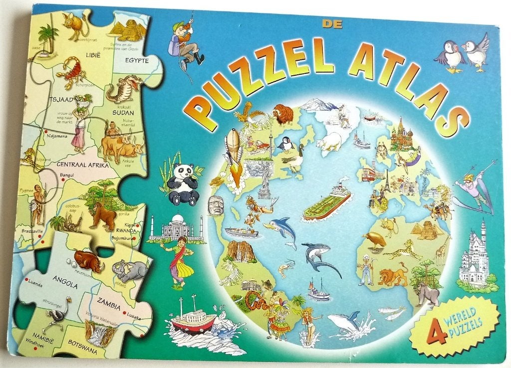 GR PUZZEL ATLAS MET 4 WERELD PUZZELS VAN ELK 15 STUKKEN, Verzenden, 10 tot 50 stukjes, Zo goed als nieuw, 4 tot 6 jaar