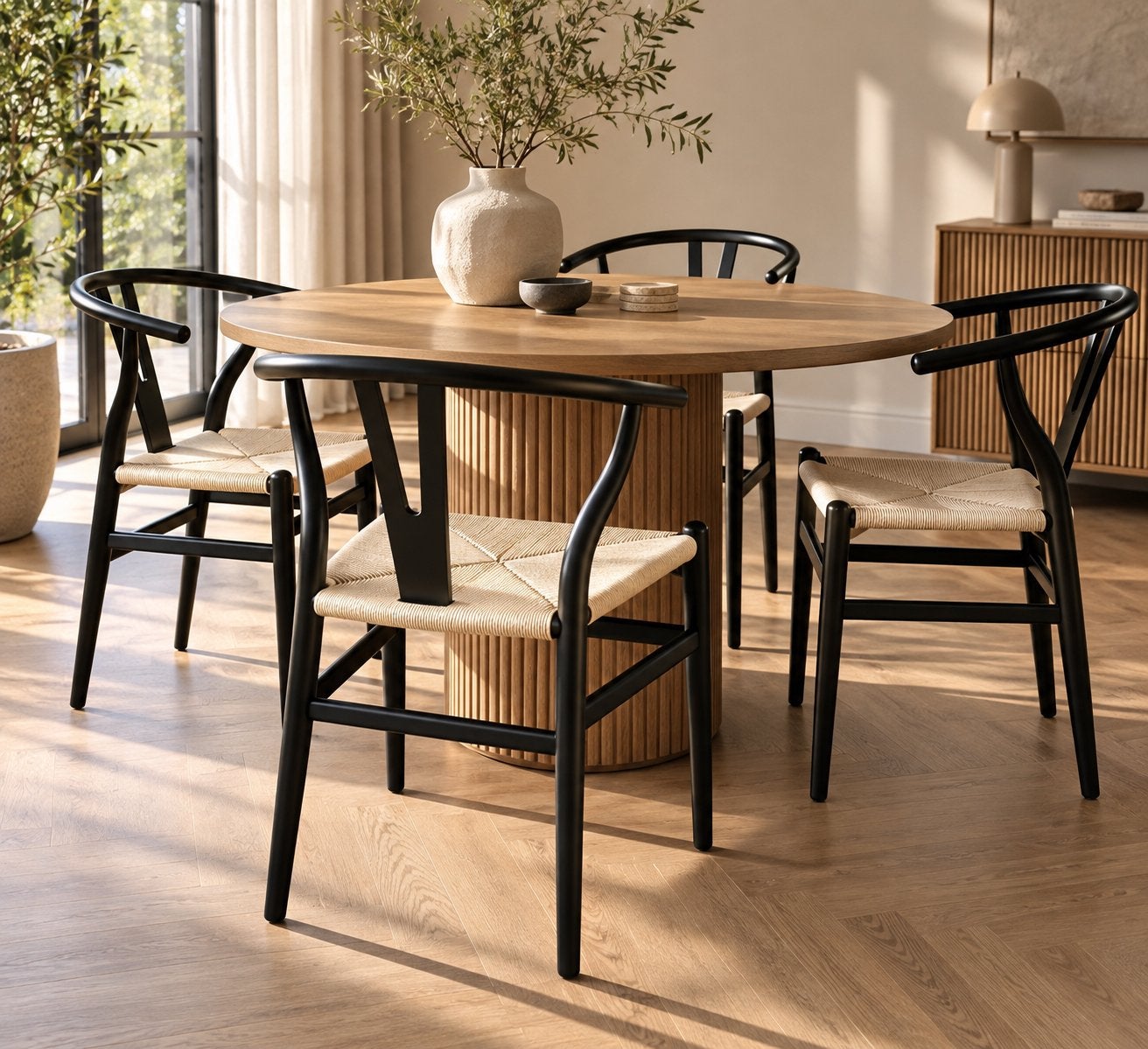 4 zwarte Wishbone stoelen met rotan zitting. Actie 149,-, Ophalen, Japandi, Gebruikt, Zwart