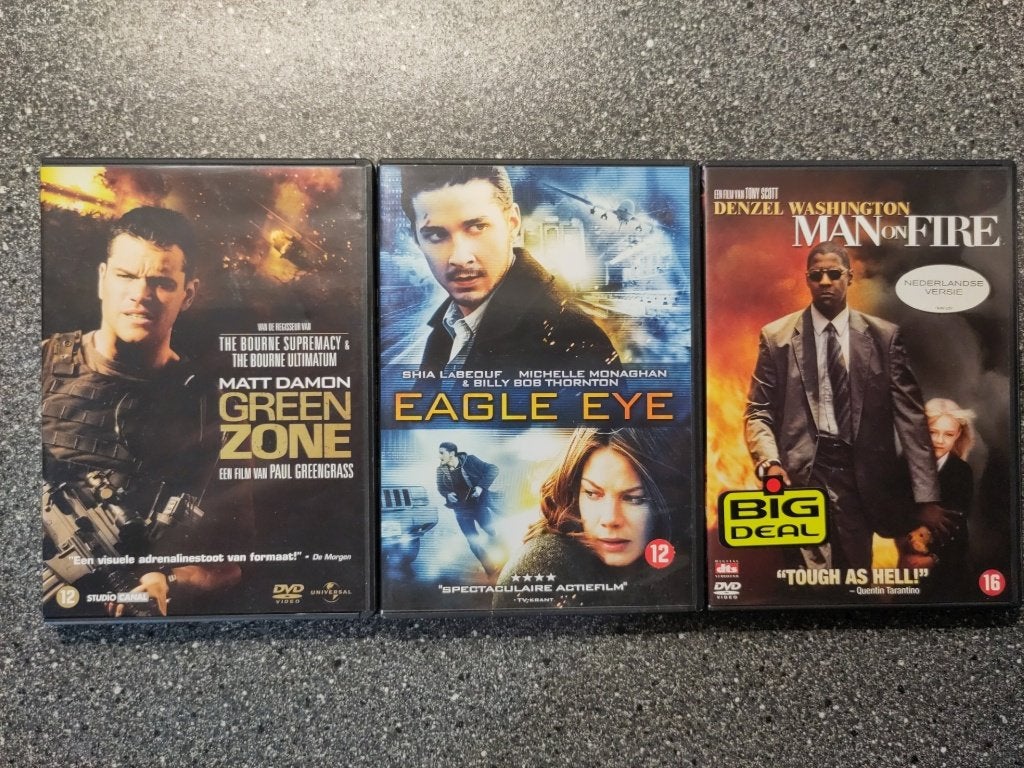 SETJE VAN 3 ACTIEFILMS (GREEN ZONE / EAGLE EYE / MAN ON FIRE, Vanaf 16 jaar, Ophalen of Verzenden, Gebruikt, Actie