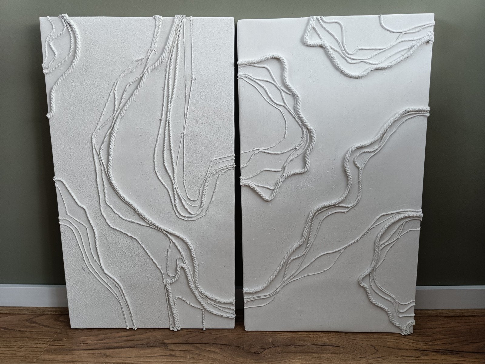 Abstract wit 2 delen reliëf schilderij met touwtextuur, Ophalen of Verzenden