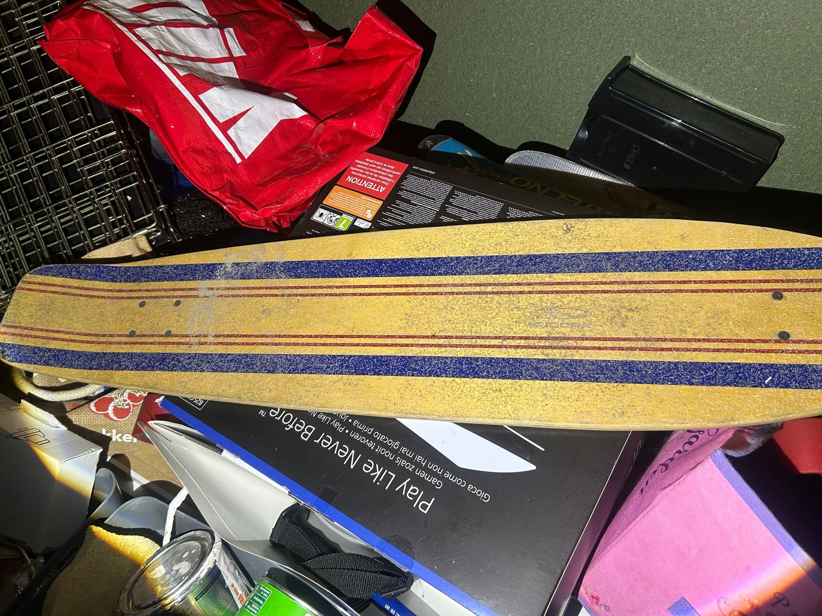 Vintage Longboard Skateboard - Geel met blauwe strepen, Ophalen, Gebruikt, Skateboard, Longboard