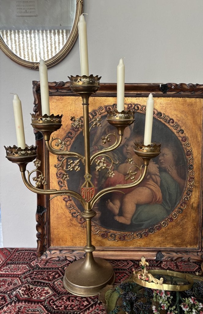 Antieke 5 armige neogotische Kerk Kandelaar, Ophalen of Verzenden, Koper of Brons