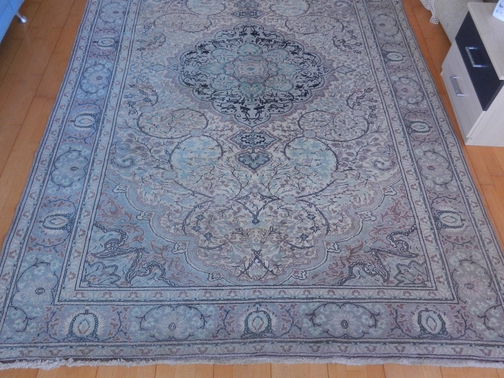 Groot oosters tapijt Heriz? lichtgroen beige zwart 302 x 140, Groen, Gebruikt, 100 tot 150 cm, Ophalen of Verzenden