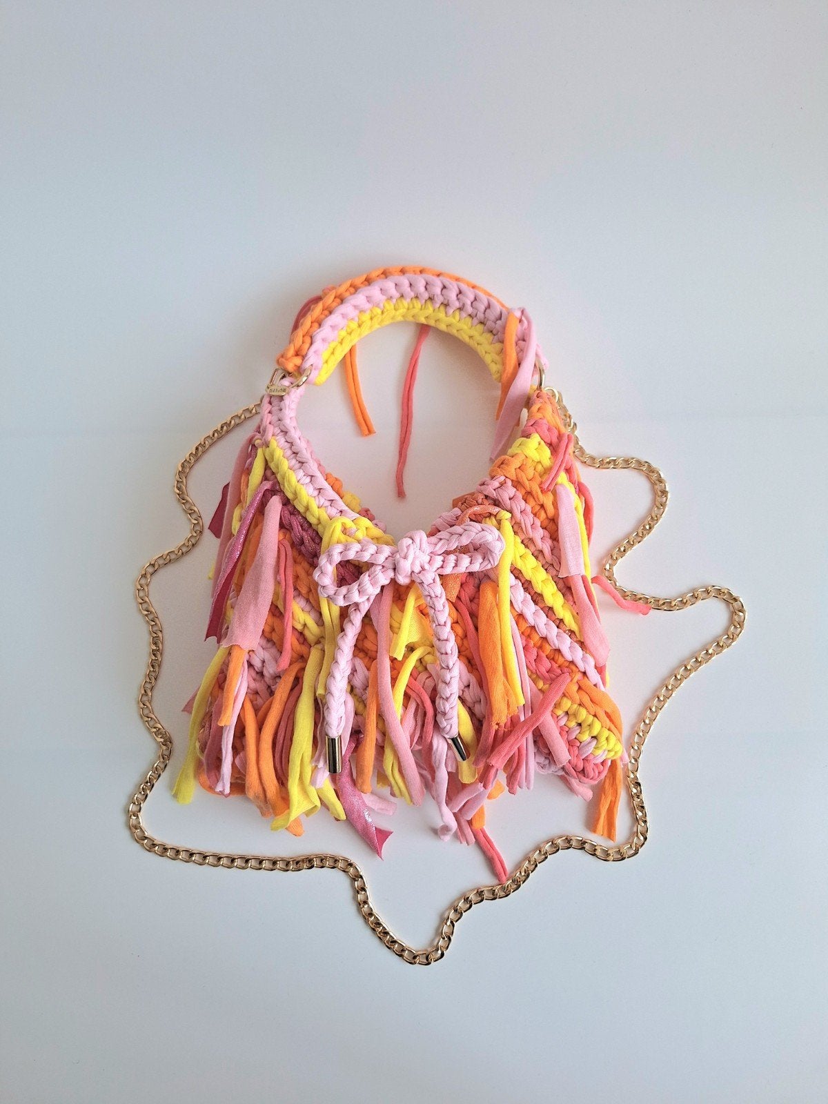 Gehaakte crossbody tas lichtroze oranje en geel, Ophalen of Verzenden, Nieuw, Roze, Handtas