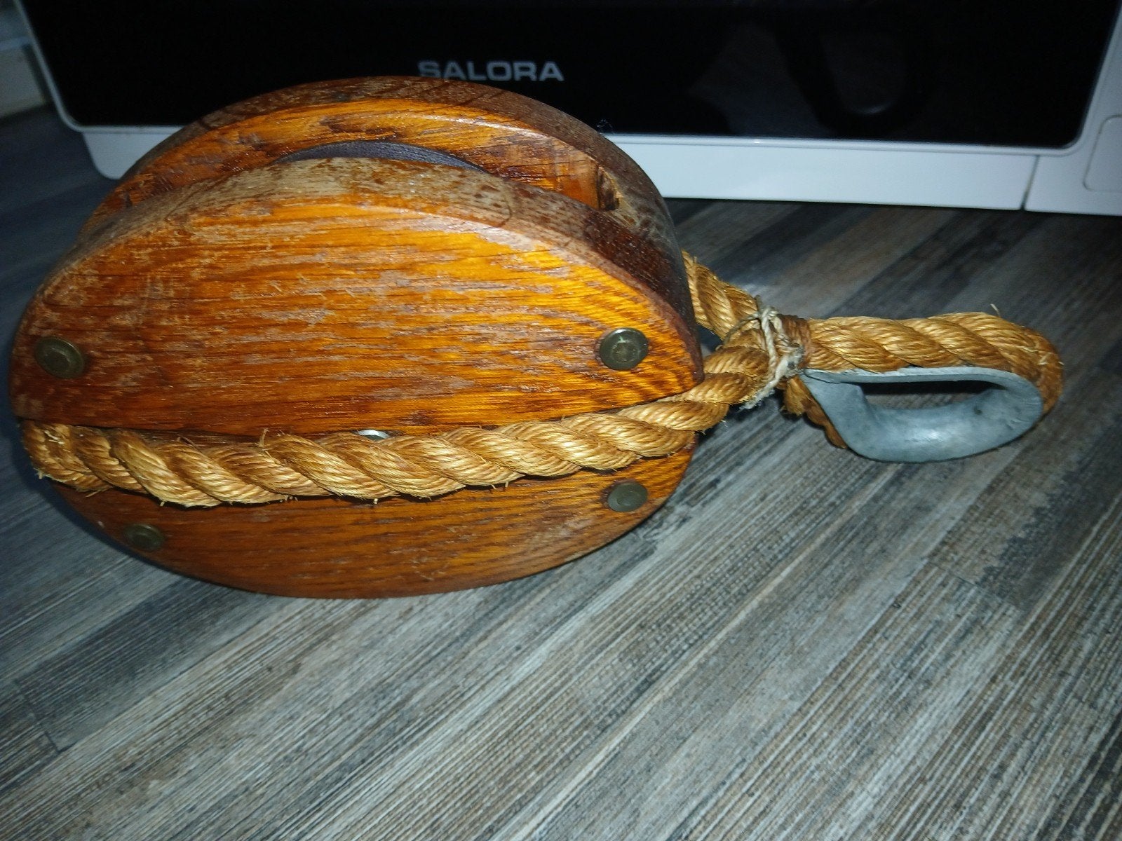 Decoratieve houten scheepsblok met touw, Ophalen, Gebruikt, Lijn of Blok