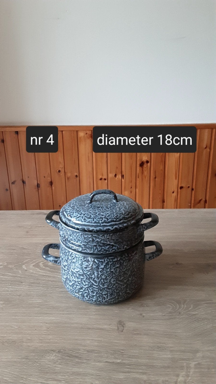 EMAILLE GRIJSGEWOLKTE STOOMPAN DIAMETER 18CM., Antiek en Kunst, Ophalen of Verzenden