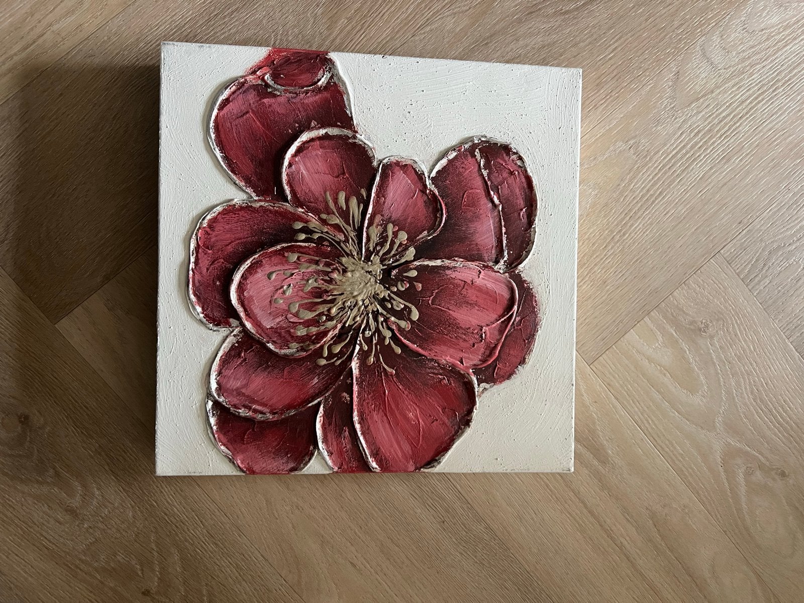 Schilderij met 3D bloemmotief - 30x30x5 cm, Acrylverf, 3D-effect, Ophalen of Verzenden, Bloemen