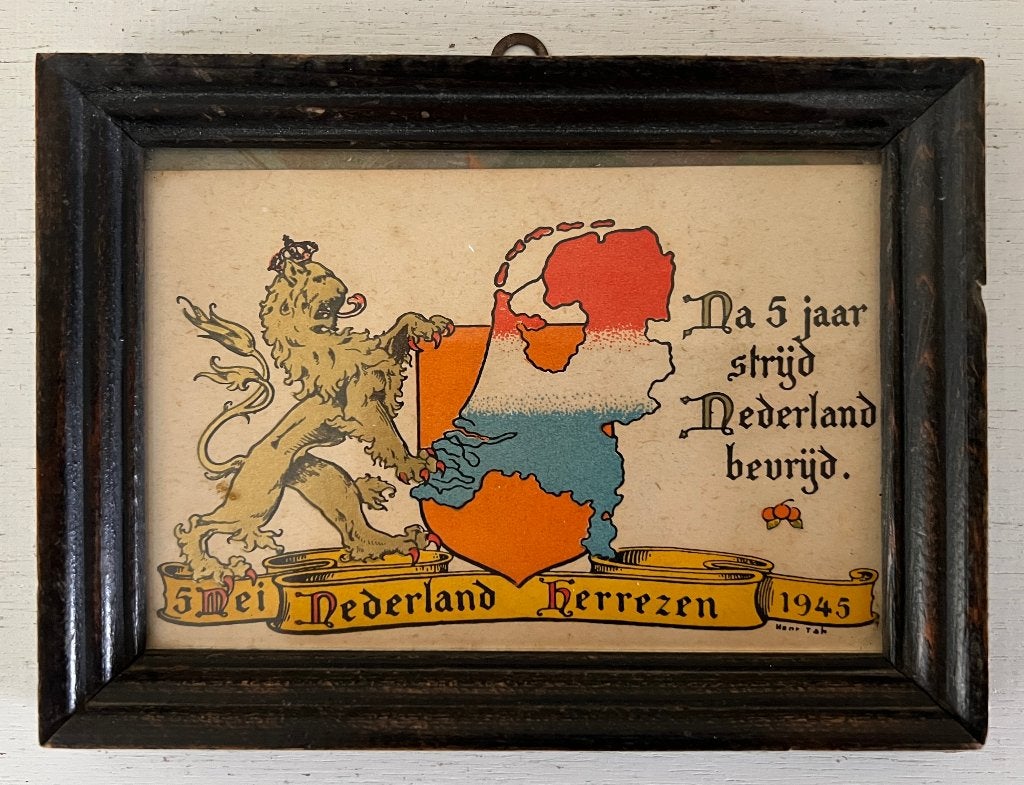 Ansichtkaart Bevrijding Nederland 5 mei 1945 ingelijst, Verzamelen, Ophalen of Verzenden, 1940 tot 1960, Overige thema's