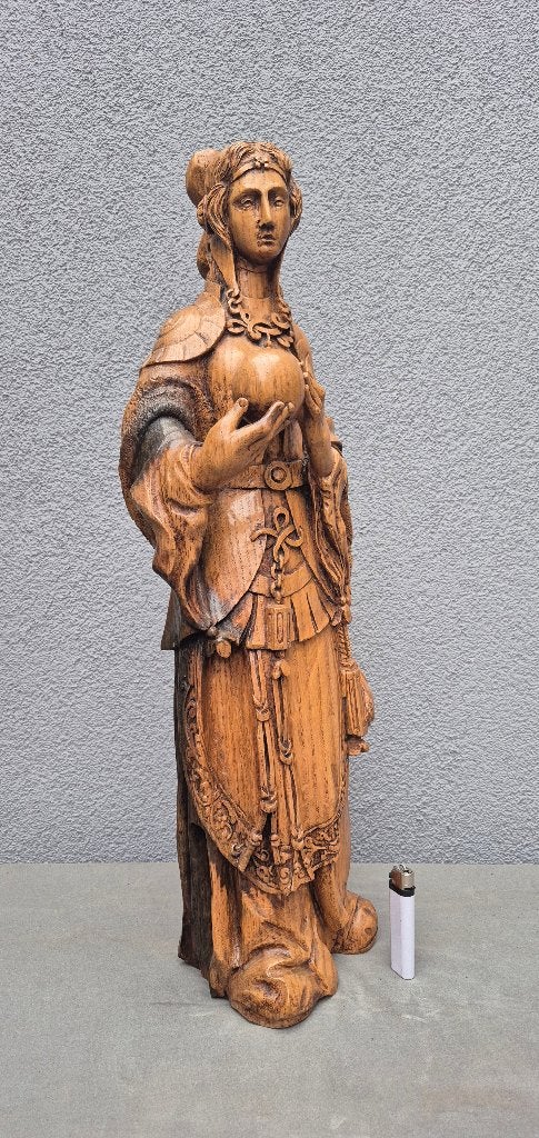 Meel August - hout - Beeld middeleewse vrouw met bol - Eik, Handgemaakt, Beeld, Hout, Bruin