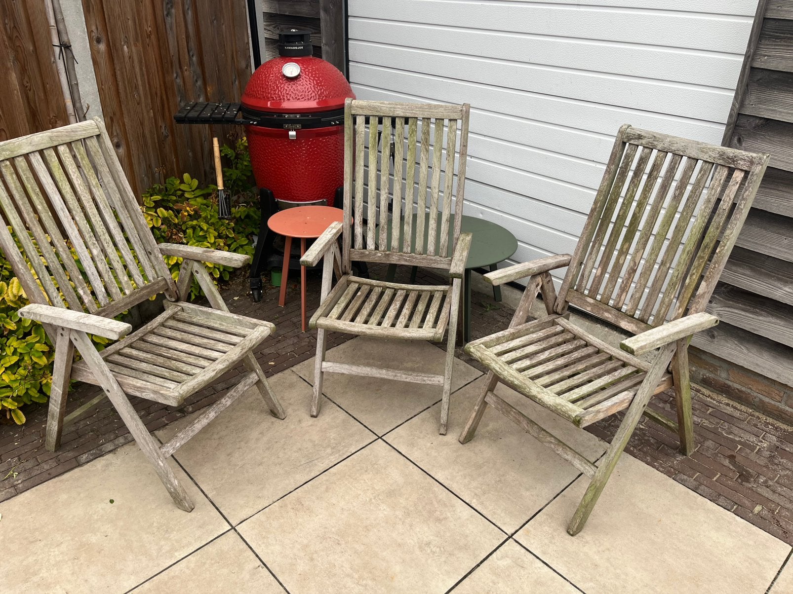Teakstoelen tuinstoelen verstelbaar inklapbaar 3 stuks, Ophalen, Gebruikt, Teakhout, Inklapbaar
