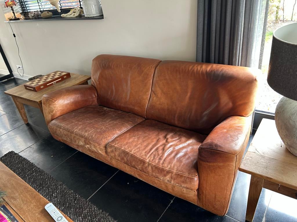 Molinari Leren bank en fauteuil set - Vintage cognac, Gebruikt, 150 tot 200 cm, Tweepersoons, Ophalen of Verzenden