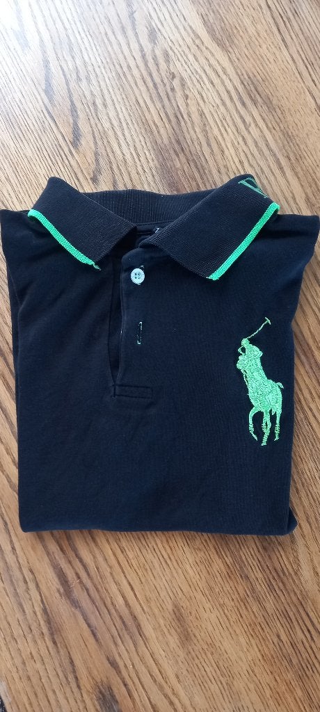 Ralph Lauren Polo Shirt Zwart met Neon Groen - Maat 140, Jongen of Meisje, Ophalen of Verzenden, Zo goed als nieuw, Shirt of Longsleeve