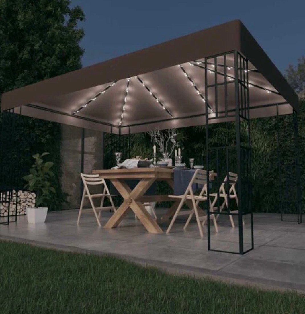 Nieuw vidaXL Prieel met LED-lichtslinger 4x3 m taupe, Tuin en Terras, Nieuw, 4 tot 6 meter, Paviljoen, 2 meter of meer