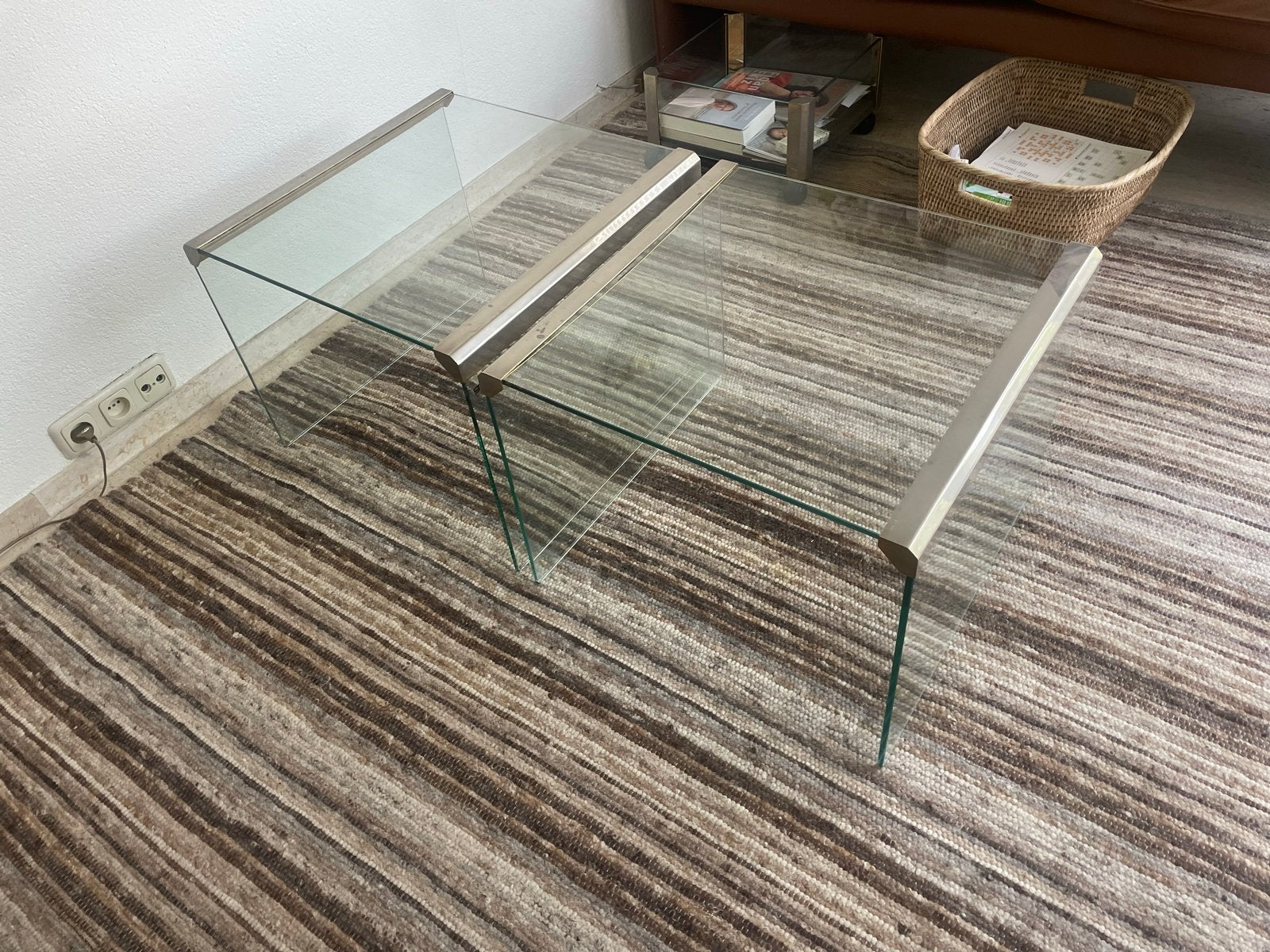 Twee Design glazen tafels van Gallotti en Radice, Ophalen, Gebruikt, 50 tot 100 cm, Vierkant