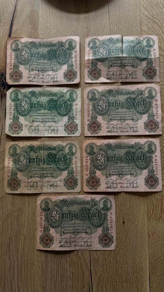 “7x Originele Duitse Reichsbanknote 50 Mark 1906–1910”, Ophalen of Verzenden, Duitsland