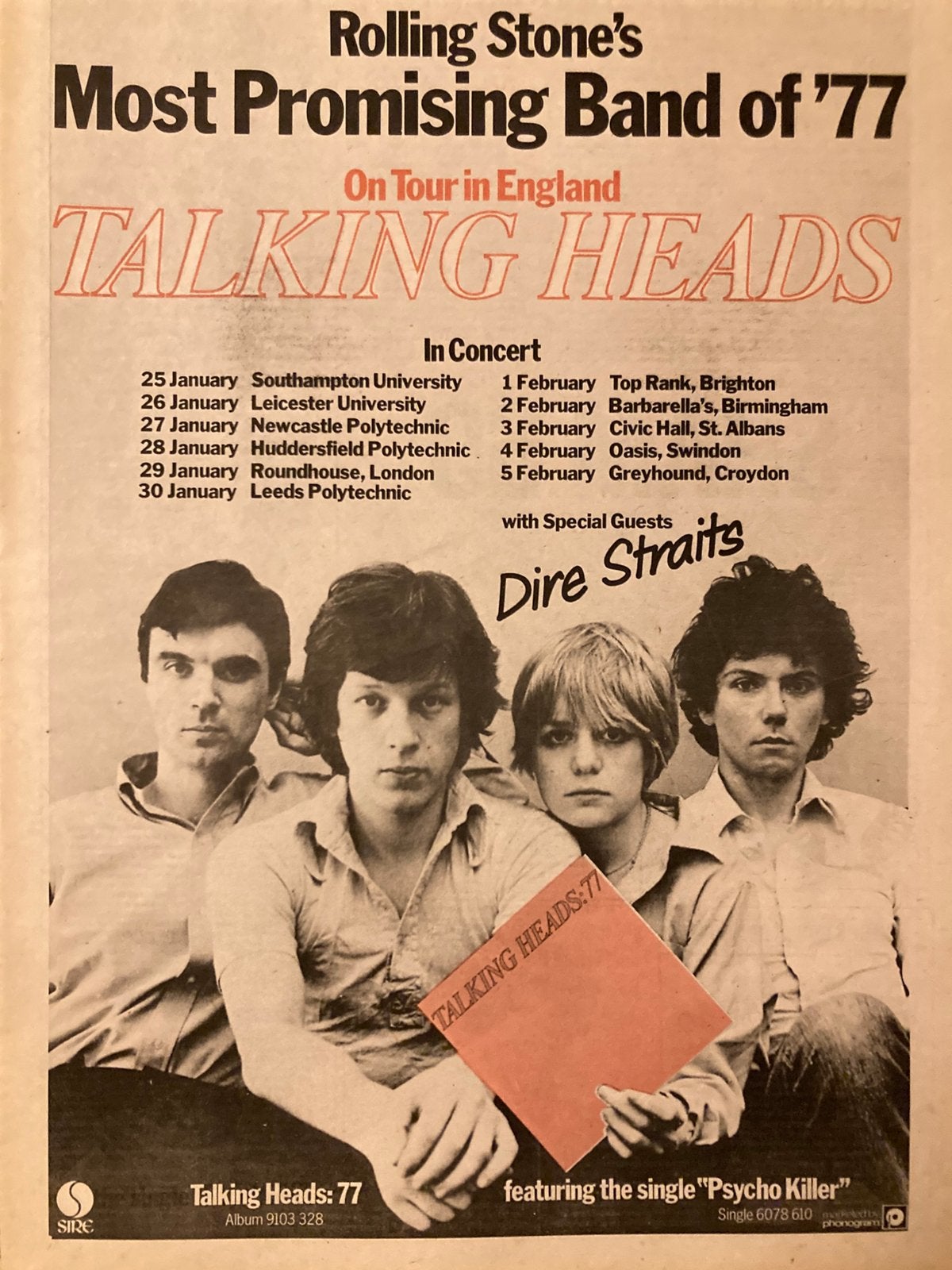 Paginagrote A3 advertentie TALKING HEADS Dire Straits tour, Ophalen of Verzenden, Zo goed als nieuw
