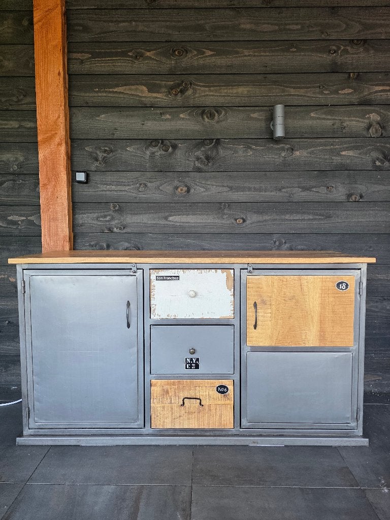 Stoer Industrieel Dressoir / Vintage Kast (Hout & Metaal), Ophalen, Gebruikt, 100 tot 150 cm, Industrieel  landelijk