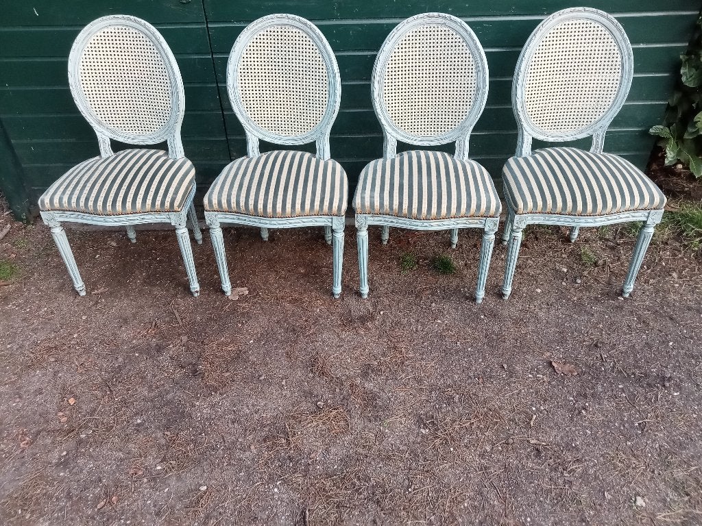 IGS 4 BAROK STOELEN BLAUW WIT GESTREEPT WEBBING RUGLEUNING, Antiek en Kunst, Antiek | Meubels | Stoelen en Banken, Ophalen