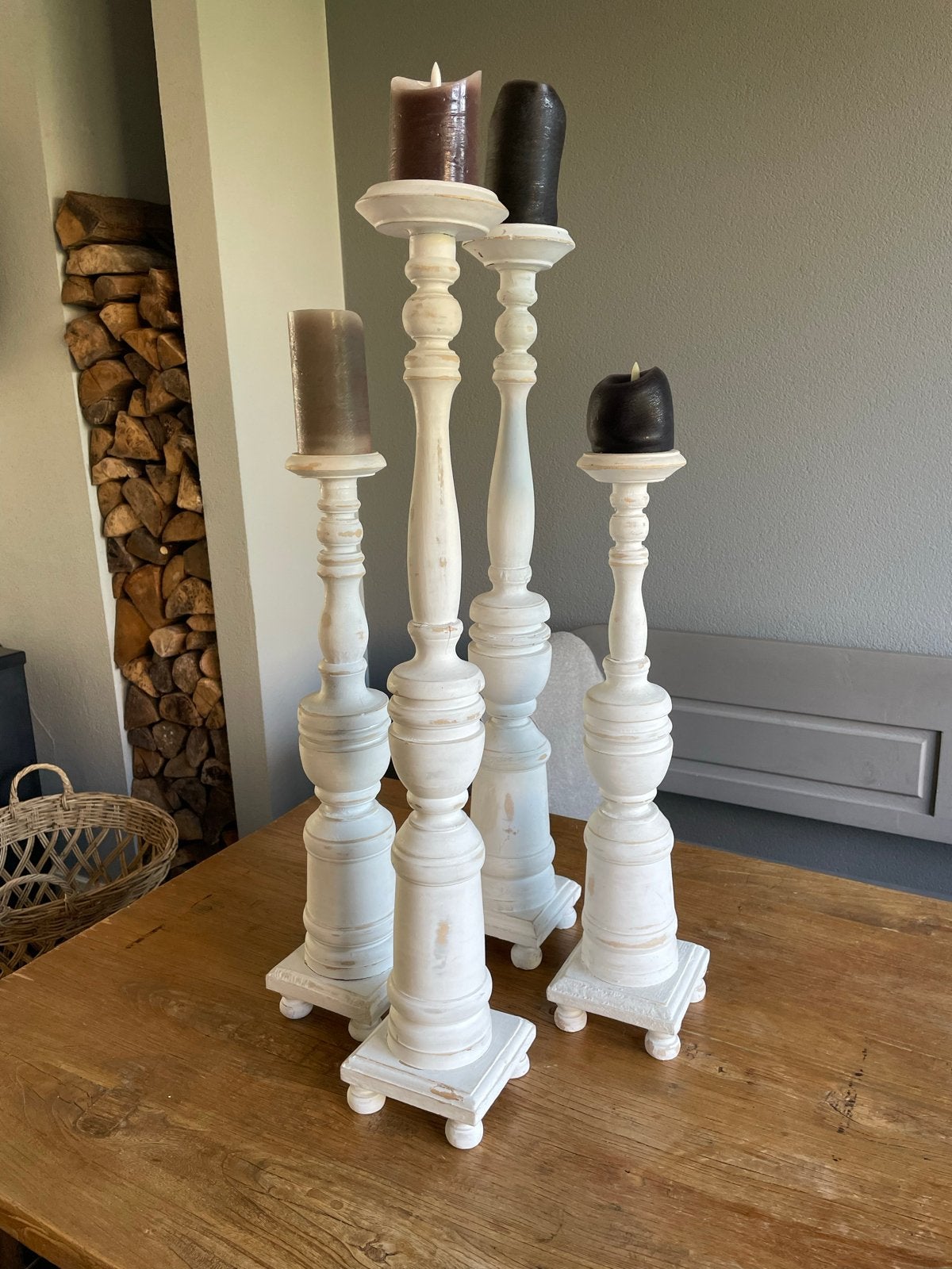 Set van 4 houten kandelaren, 2x 81cm en 2x 60cm, Ophalen, Wit, Hout, Kandelaar
