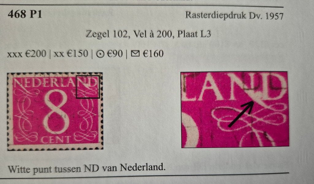Nederland 8 cent postzegel 468 P1 met plaatfout (witte punt), Ophalen of Verzenden, Na 1940, Gestempeld
