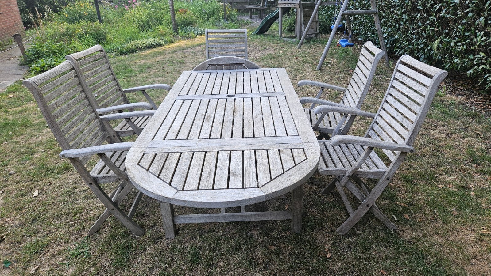 Hattersley Teakhouten Tuinset - Tafel met 5 Stoelen, Tuin en Terras, Ophalen, Gebruikt, Hardhout, Stoel