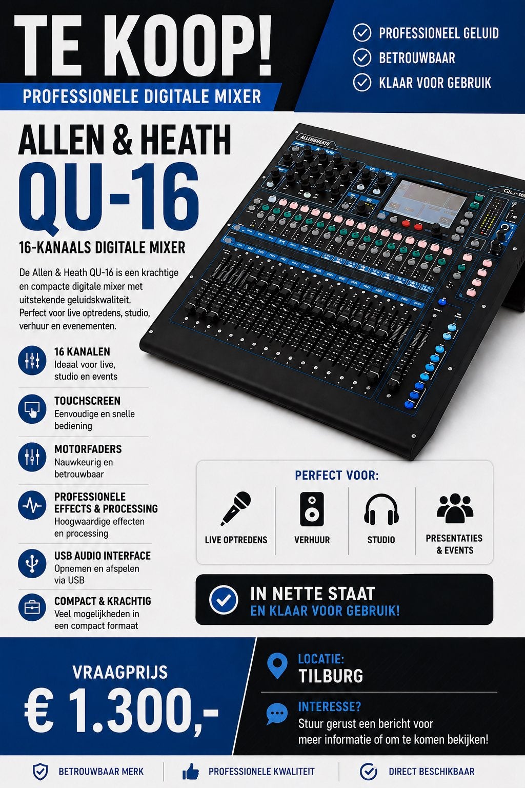 Allen & Heath QU-16 digitale mixer, Muziek en Instrumenten, Ophalen, Zo goed als nieuw, 10 tot 20 kanalen