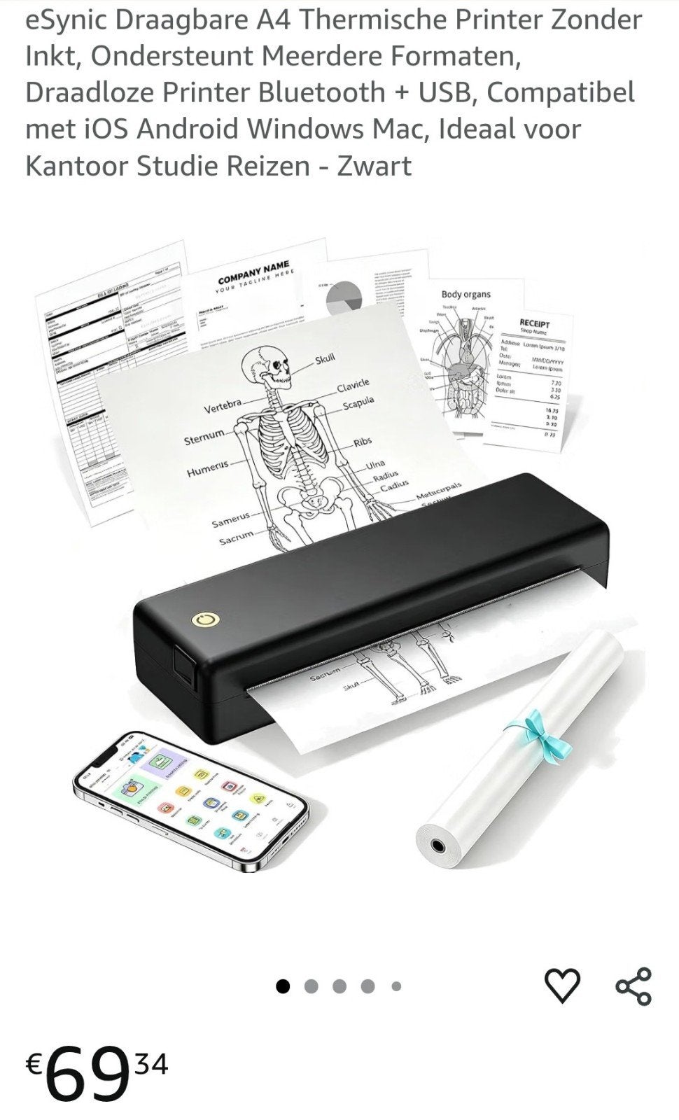 eSynic Draagbare A4 Thermische Printer Zonder Inkt Zwart, Zwart-en-wit printen, Printer, Ophalen of Verzenden, ESynic