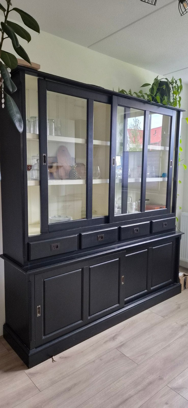 Zwarte buffetkast met glazen schuifdeuren, Huis en Inrichting, Kasten | Buffetkasten, Ophalen, Gebruikt, Met deur(en), 150 tot 200 cm