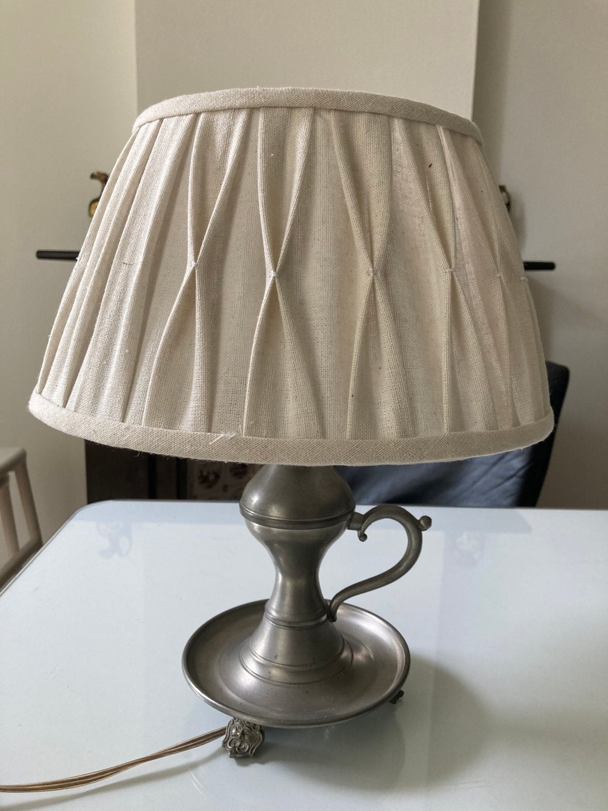 Vintage Schemerlamp met tinnen voet, Gebruikt, Vintage, Met kap, Ophalen of Verzenden